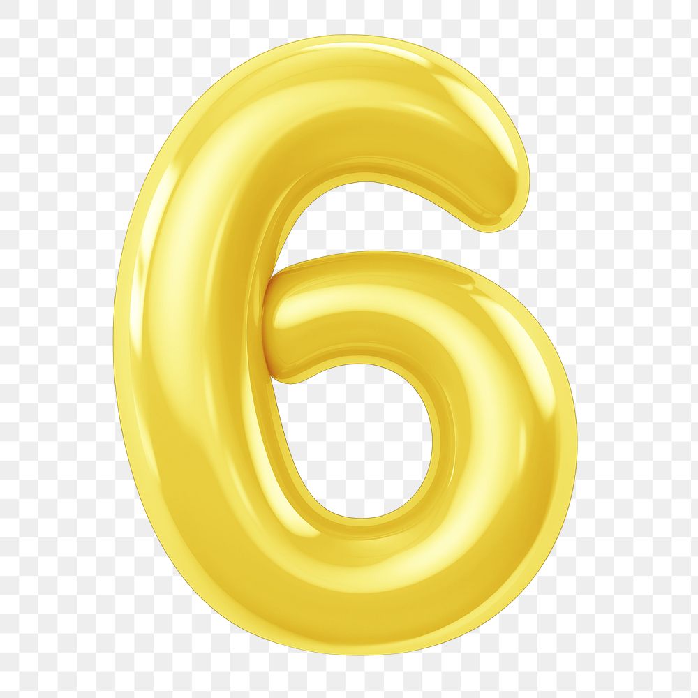 Number six  png yellow  3D balloon, transparent background