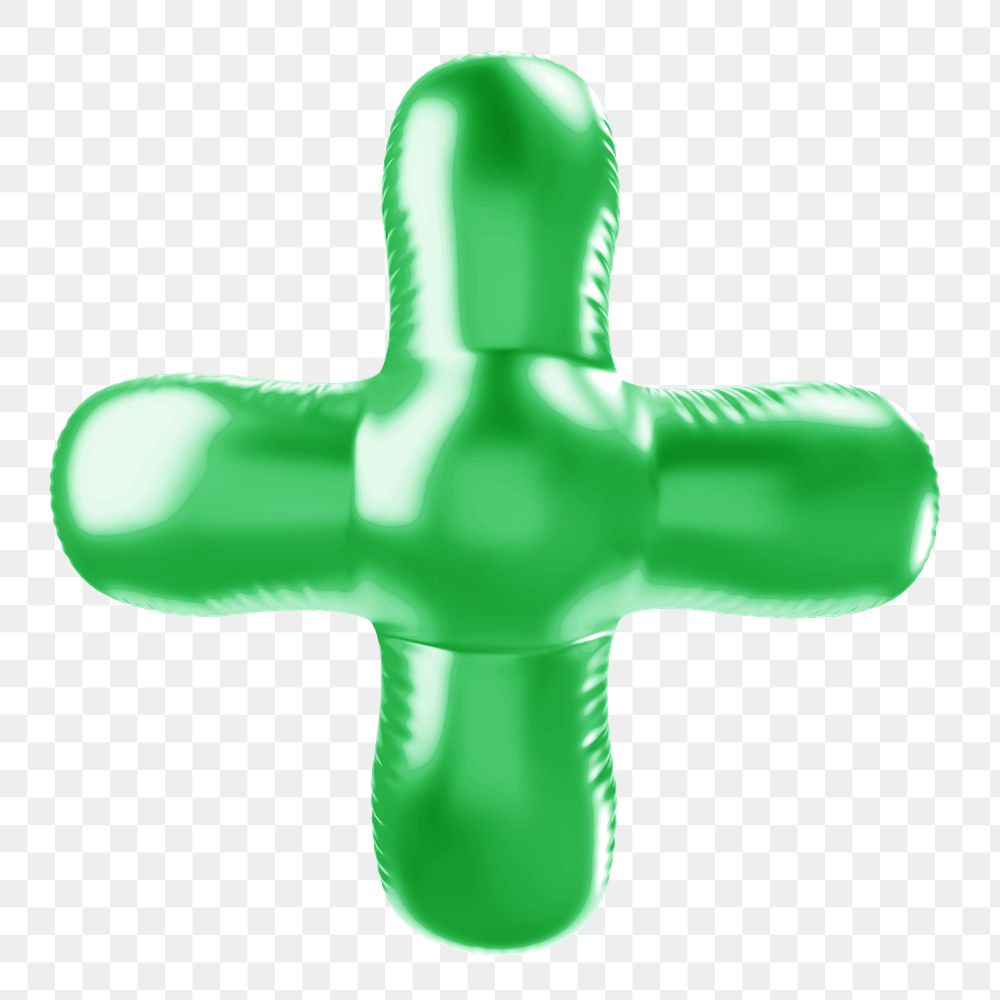 Plus sign png 3D green balloon symbol, transparent background
