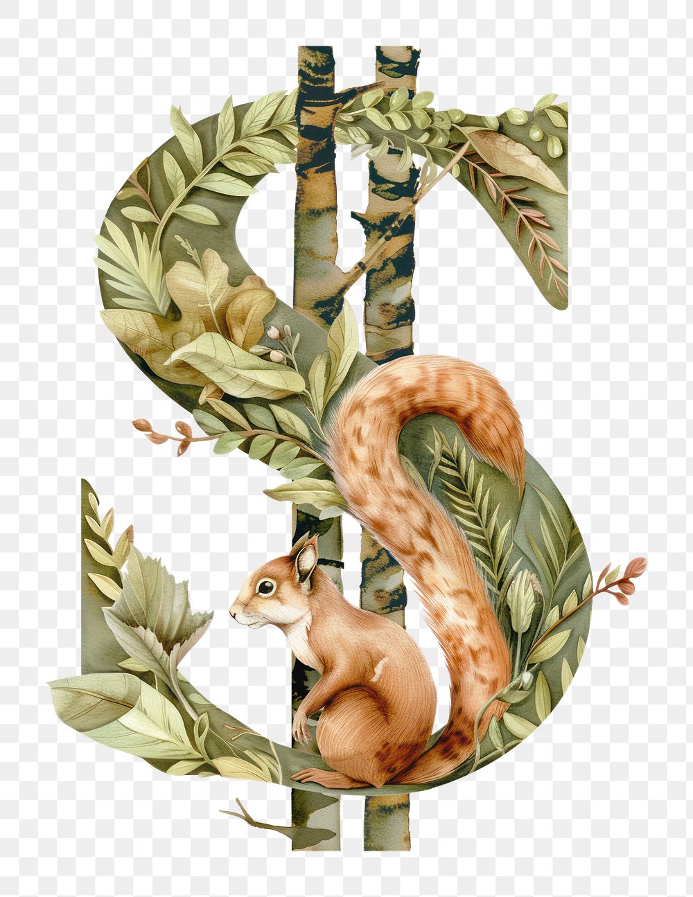 Dollar sign png botanical art symbol, transparent background