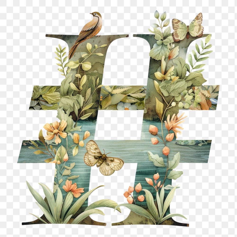 Hashtag png botanical art symbol, transparent background