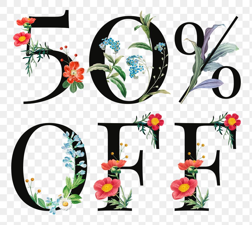 50% off png floral digital art illustration, transparent background