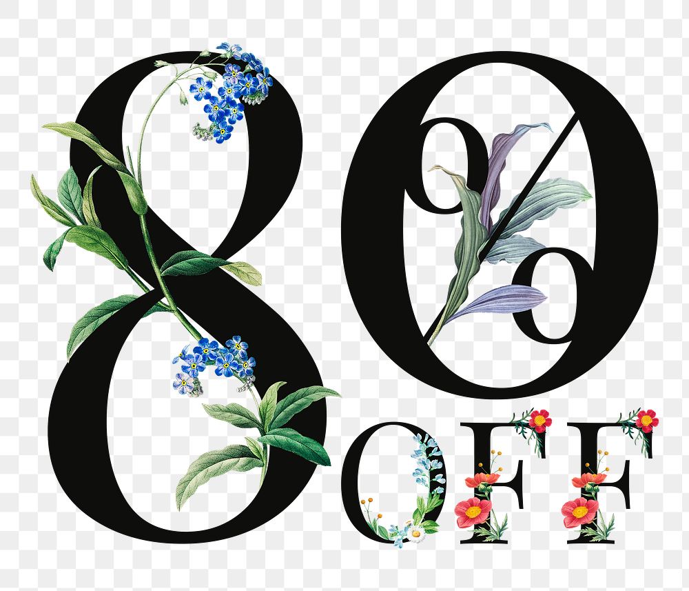 80% off png floral digital art illustration, transparent background