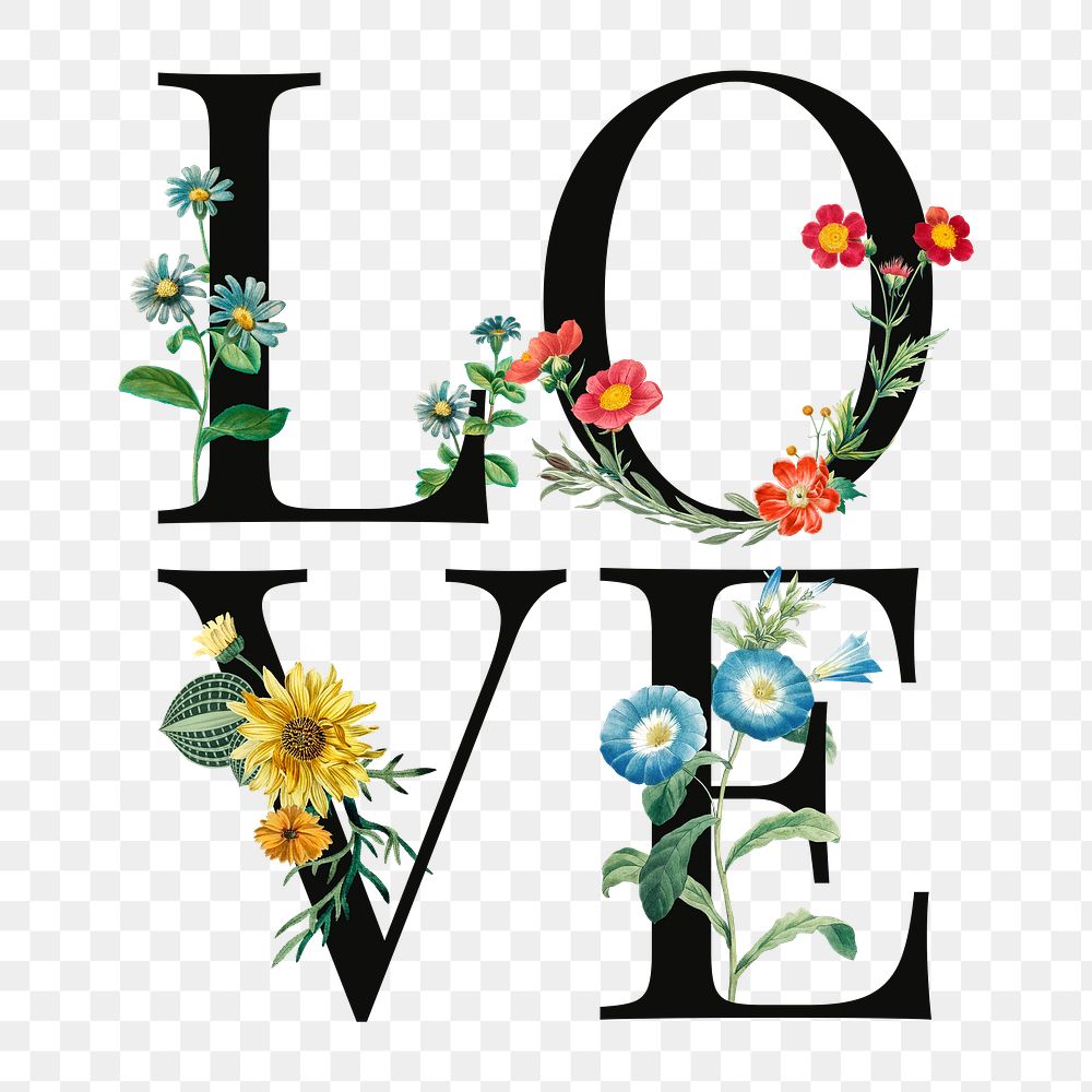 Love word png floral digital art illustration, transparent background