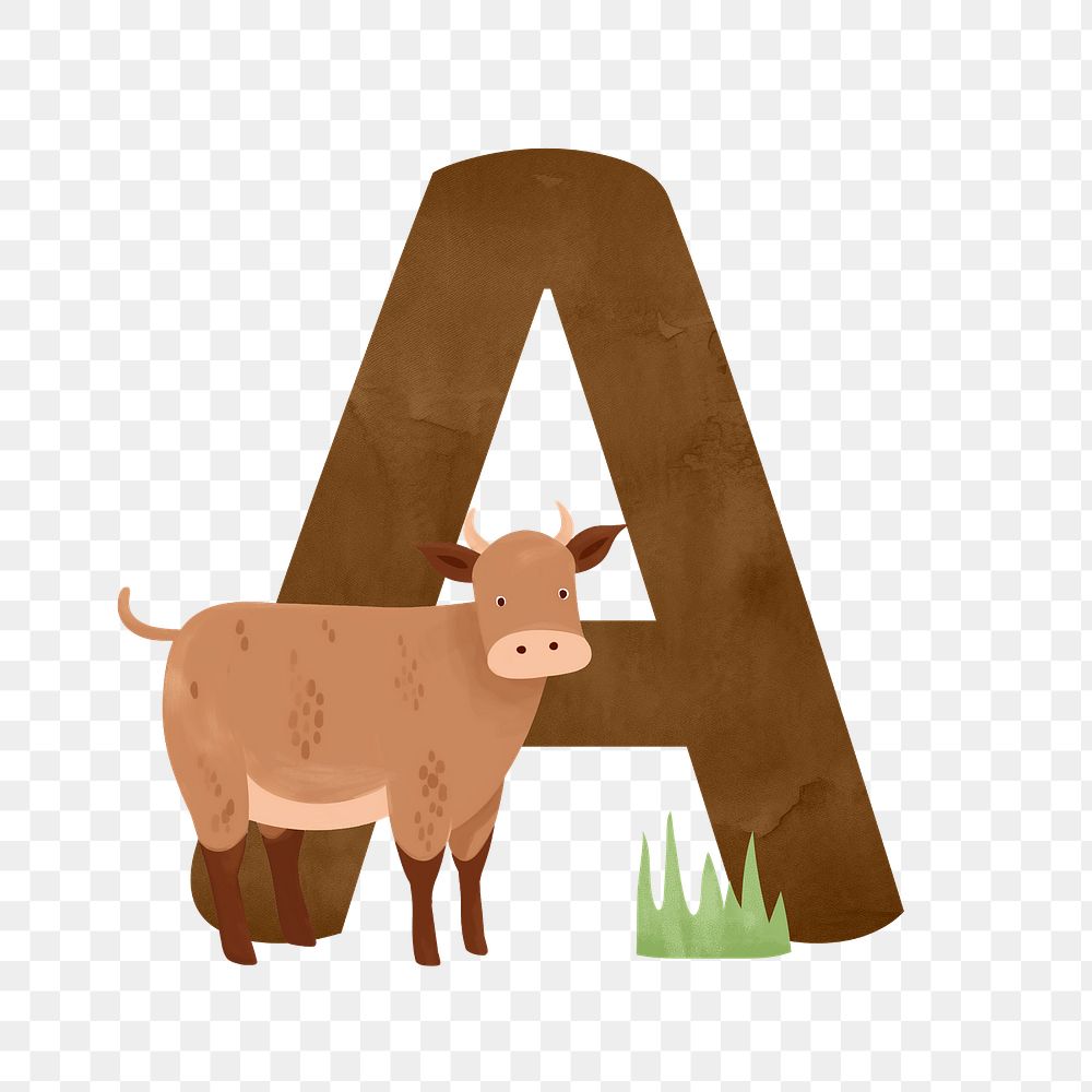 Letter A png cute animal character alphabet, transparent background