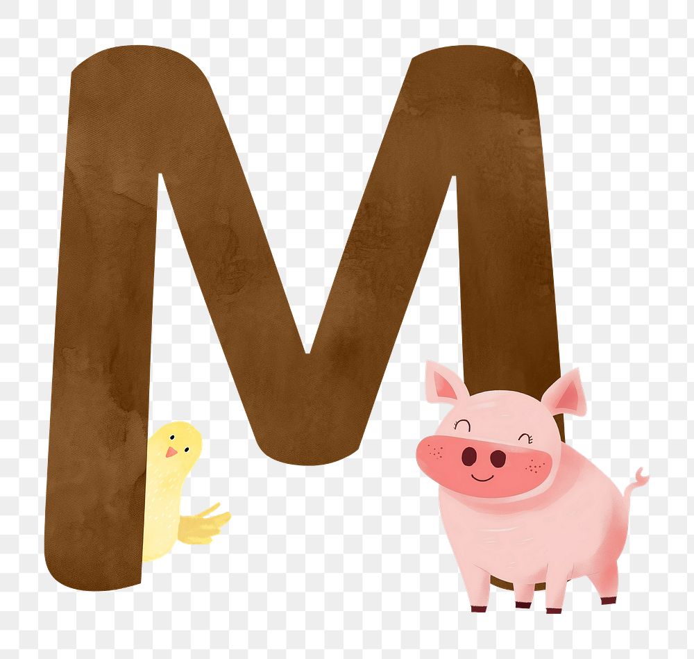 Letter M png cute animal character alphabet, transparent background