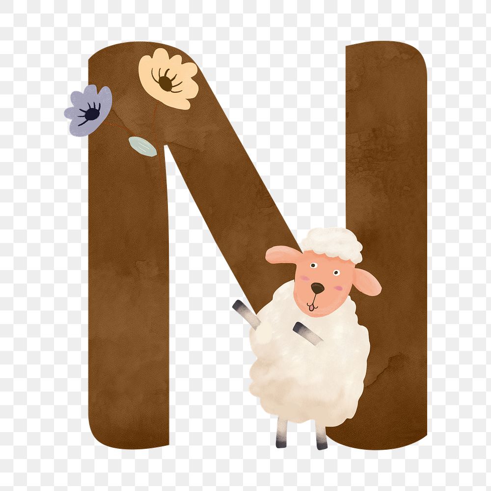 Letter N png cute animal character alphabet, transparent background