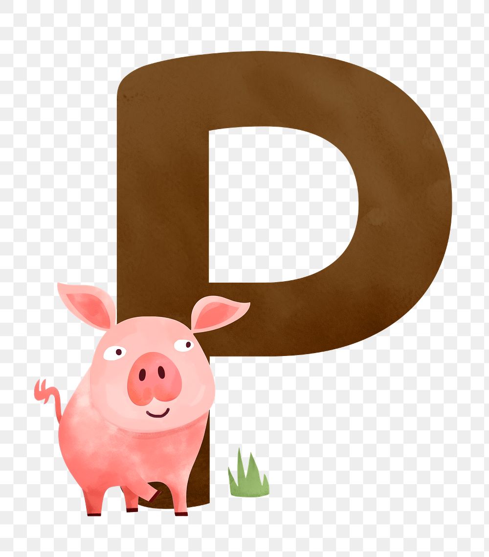 Letter P png cute animal character alphabet, transparent background