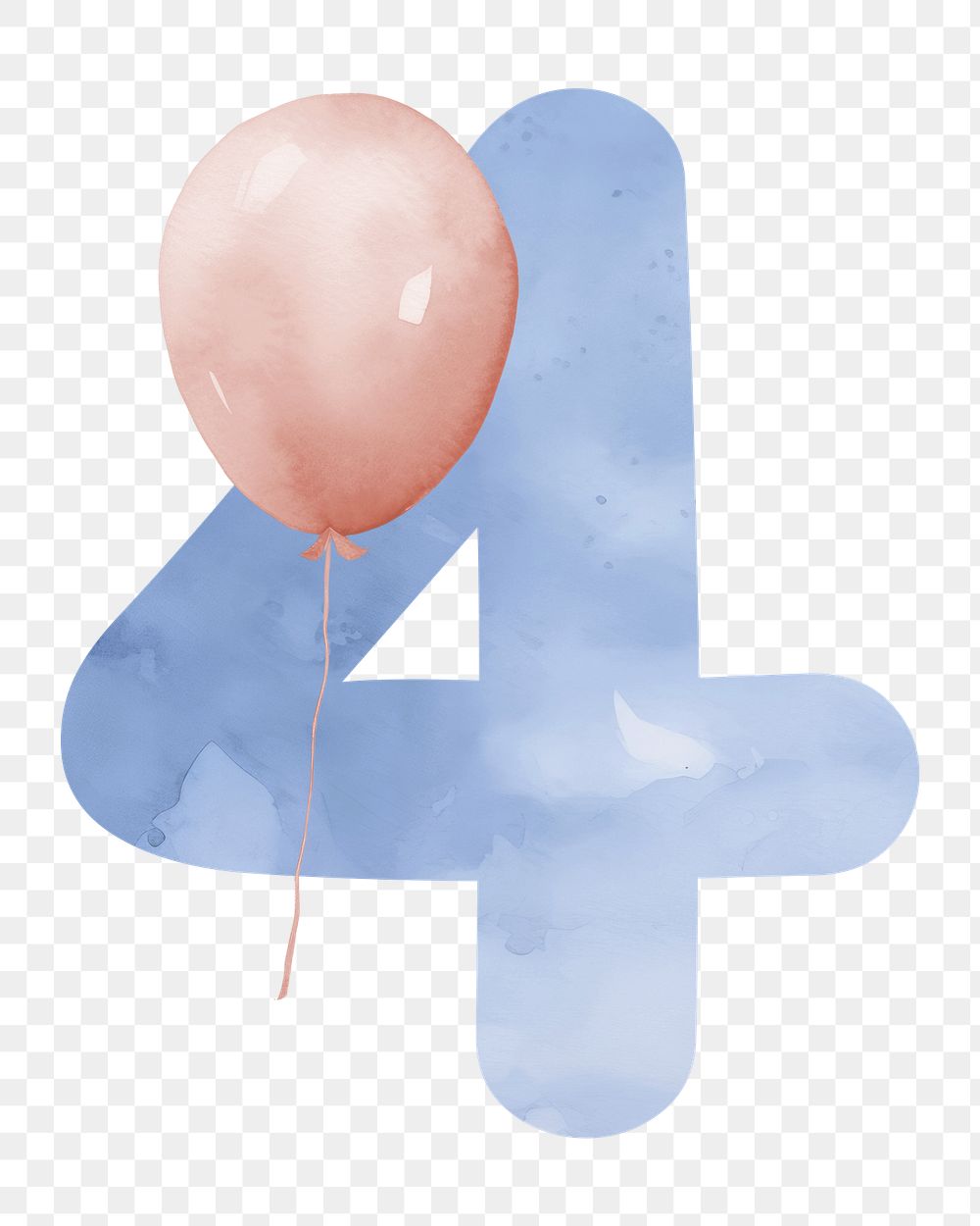 Number four png blue watercolor, transparent background