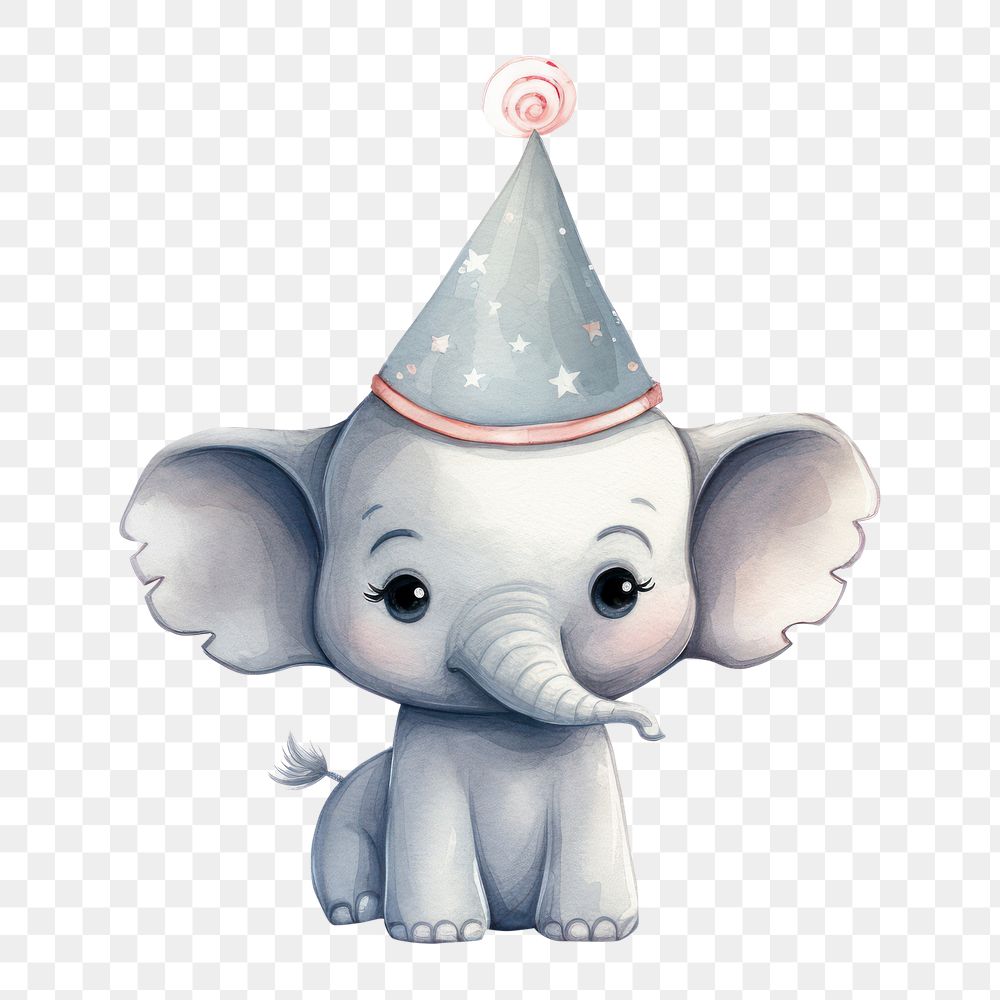 PNG elephant wearing party hat, watercolor animal character, transparent background
