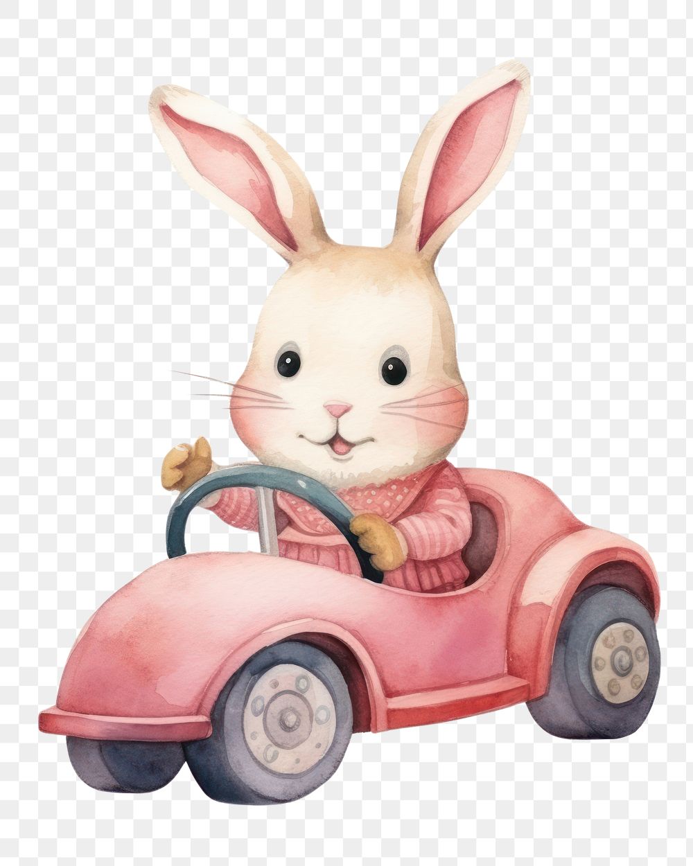 PNG rabbit driving car, watercolor animal character, transparent background