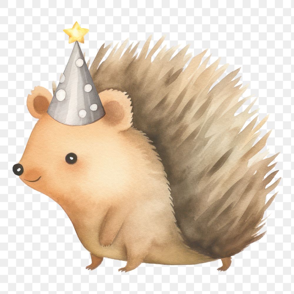 PNG hedgehog wearing party hat, watercolor animal character, transparent background