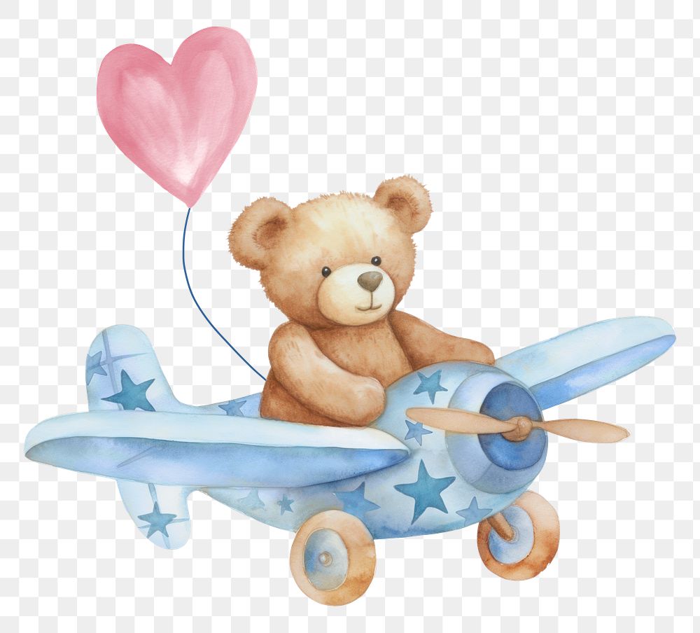 PNG flying bear on plane, watercolor animal character, transparent background
