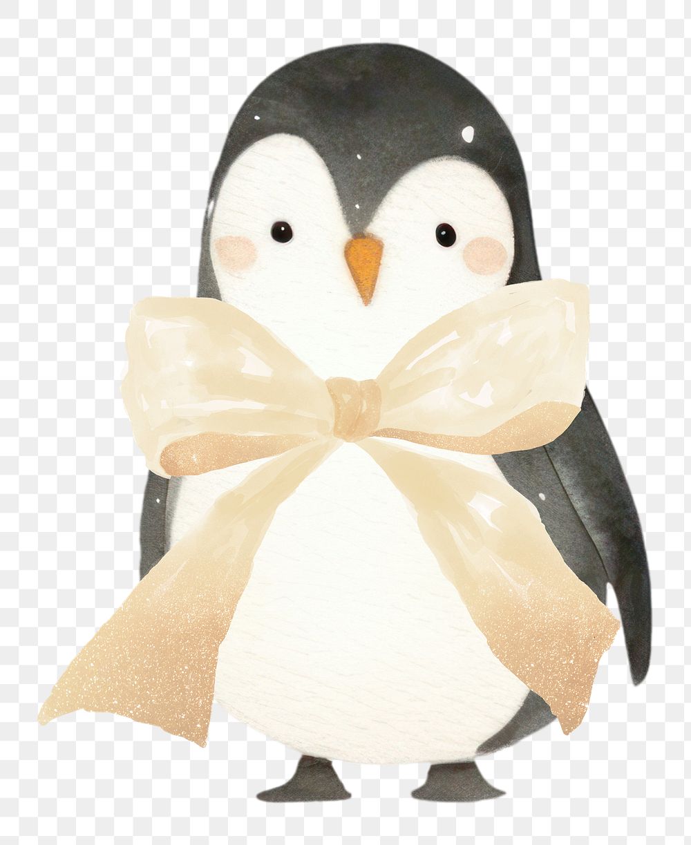 PNG penguin with brown bow, watercolor animal character, transparent background