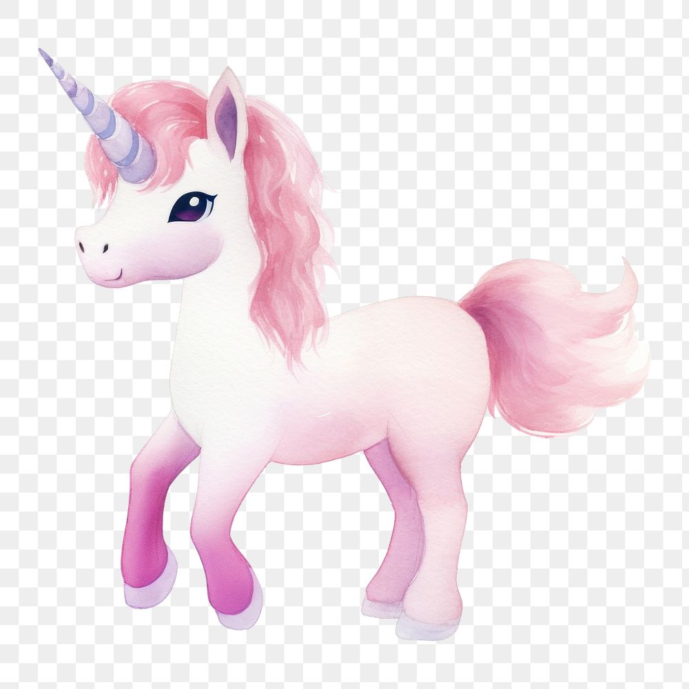 PNG pink unicorn, watercolor animal character, transparent background