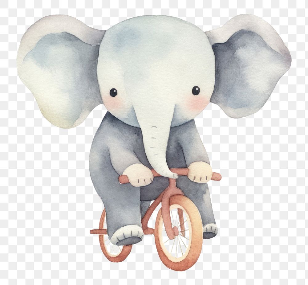 PNG elephant riding bicycle, watercolor animal character, transparent background