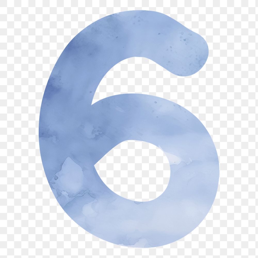 Number six png blue watercolor, transparent background