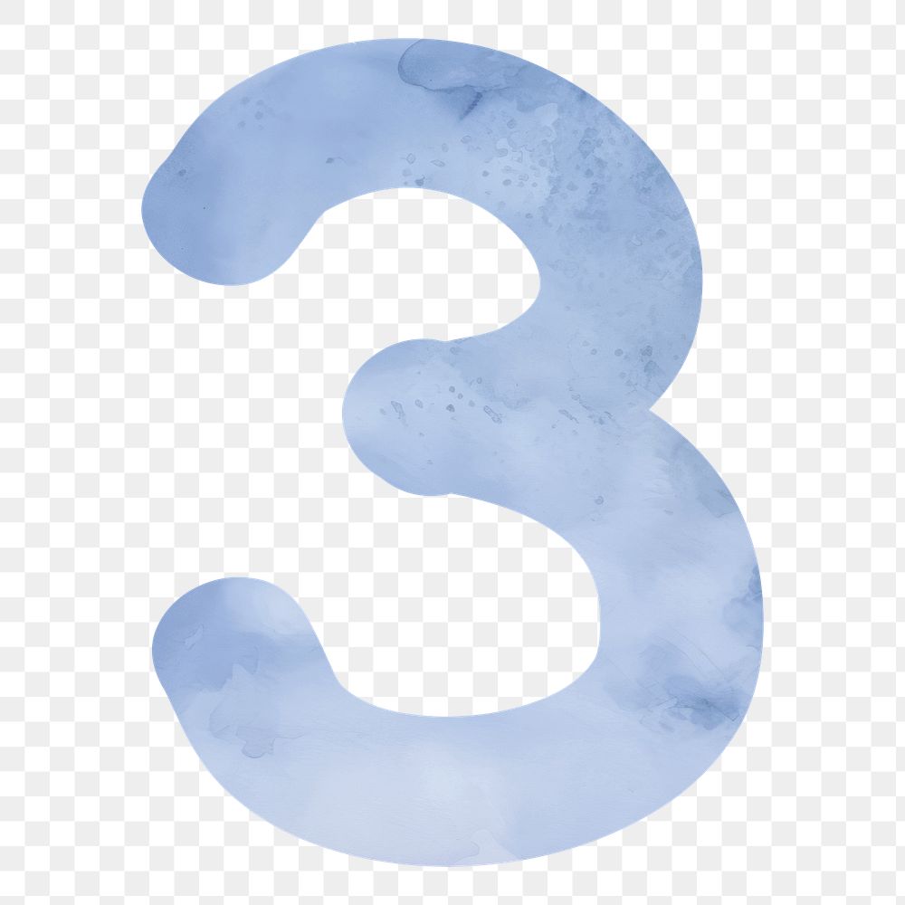 Number three png blue watercolor, transparent background
