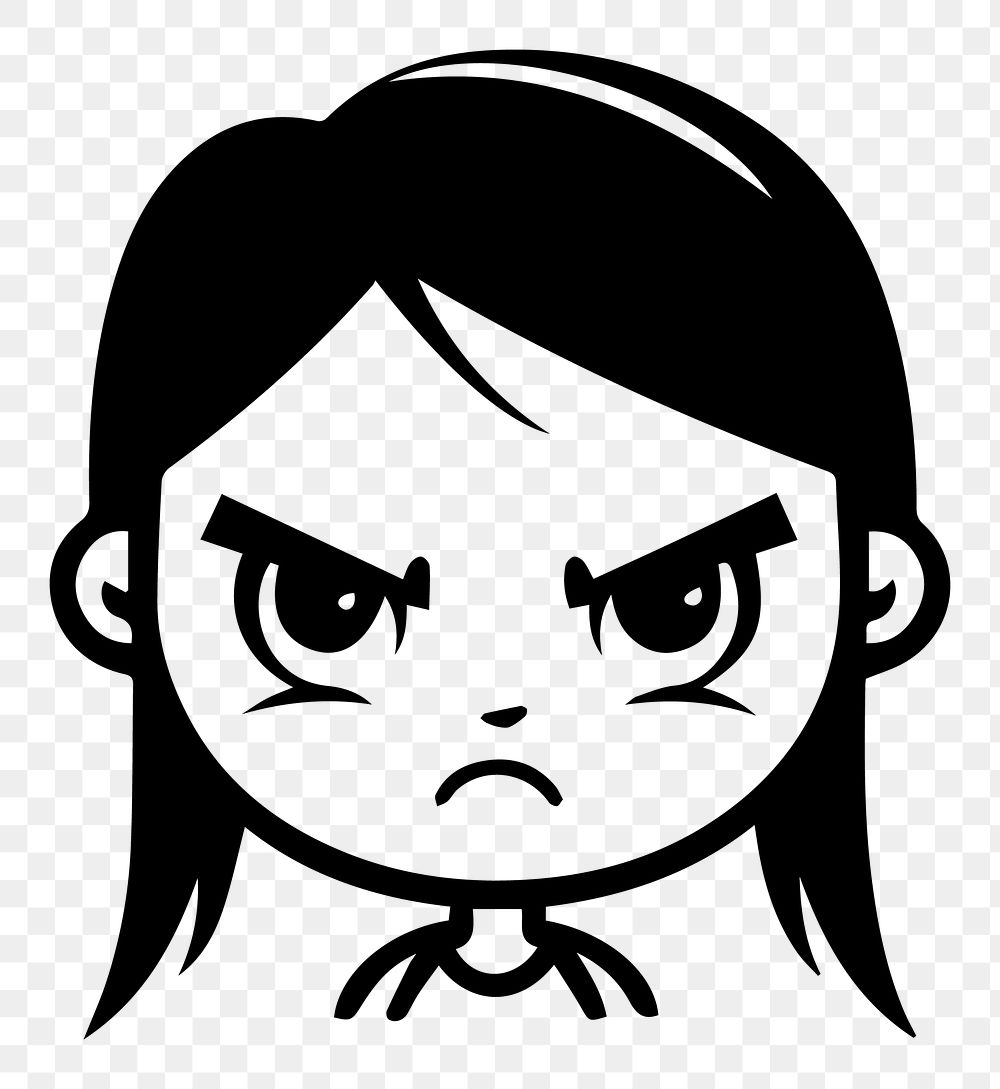 Angry girl png character line art, transparent background