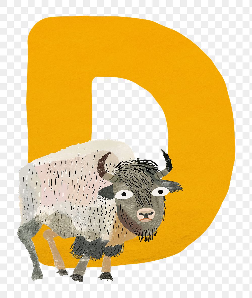 PNG yellow letter D with animal character, transparent background