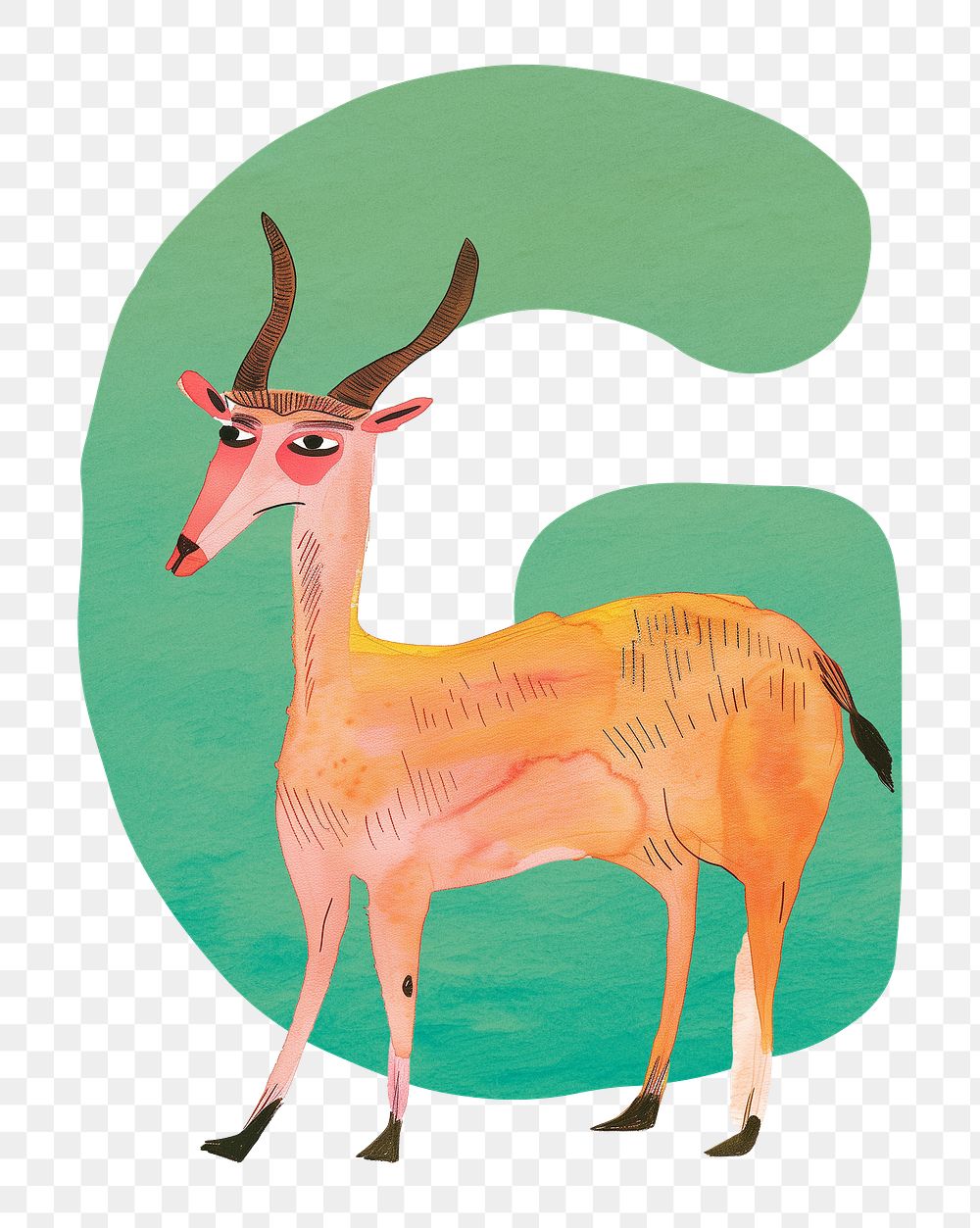 PNG green letter G with animal character, transparent background