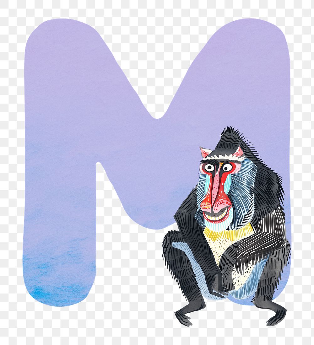 PNG purple letter M with animal character, transparent background