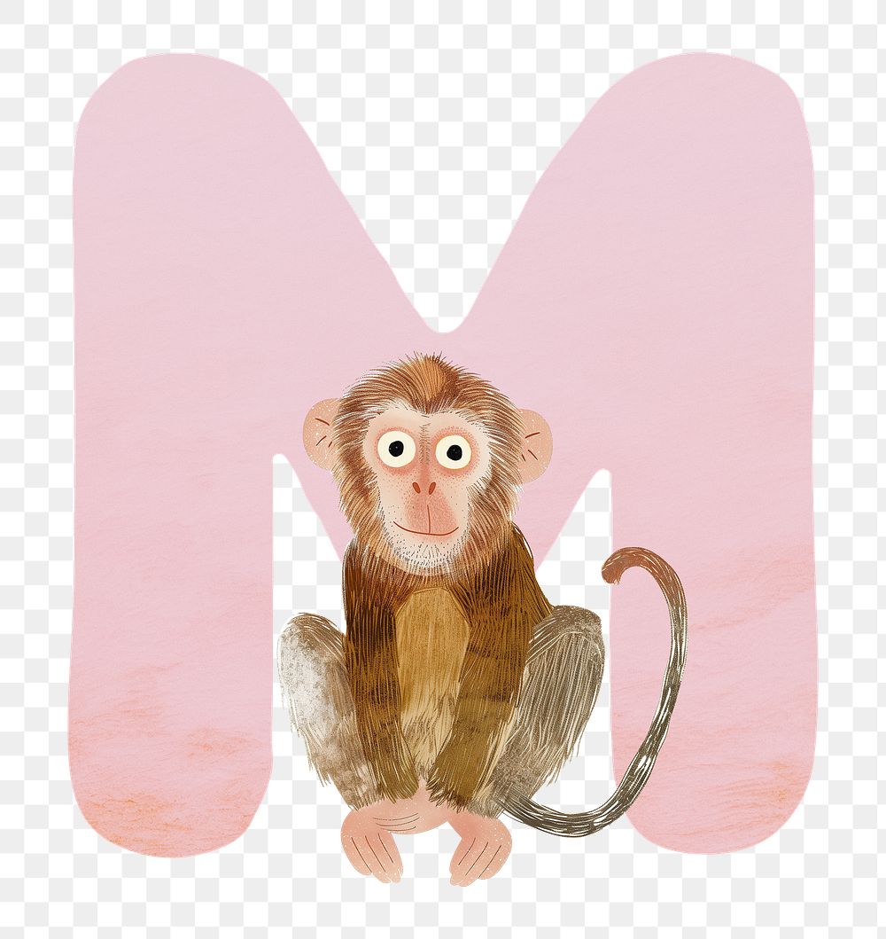 PNG pink letter M with animal character, transparent background