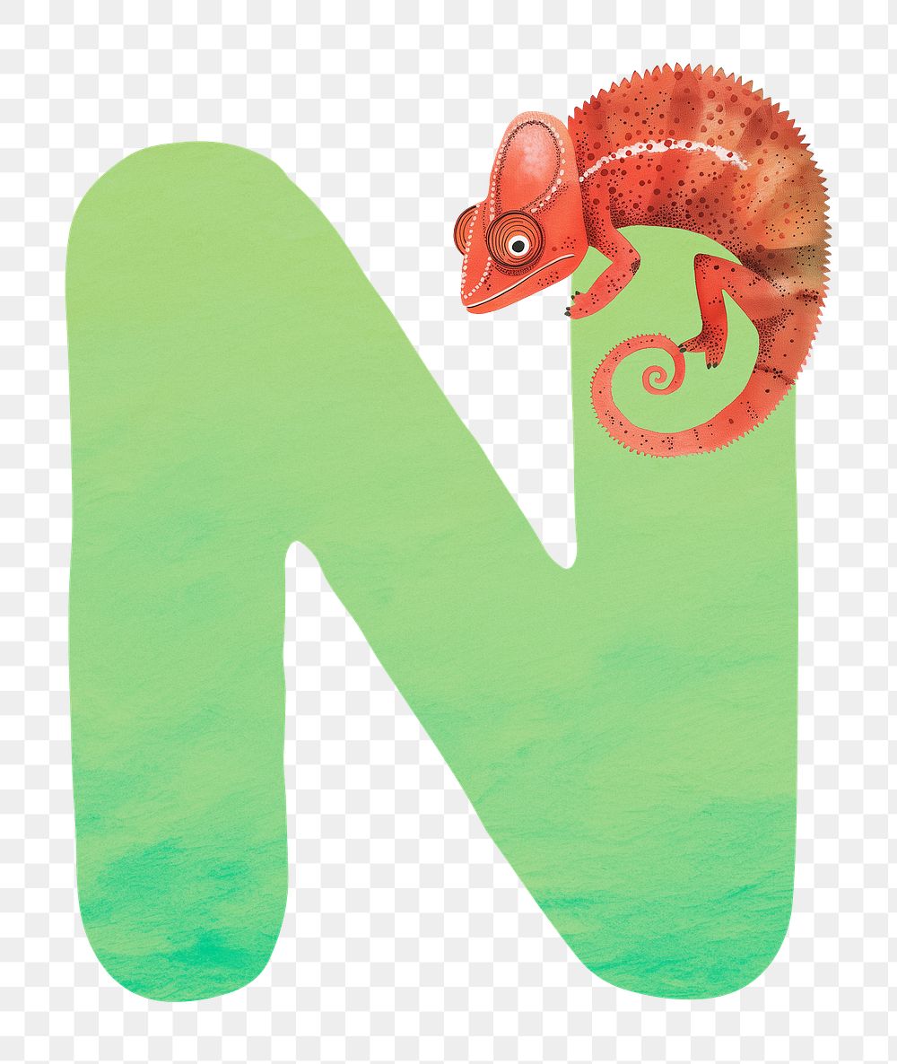 PNG green letter N with animal character, transparent background
