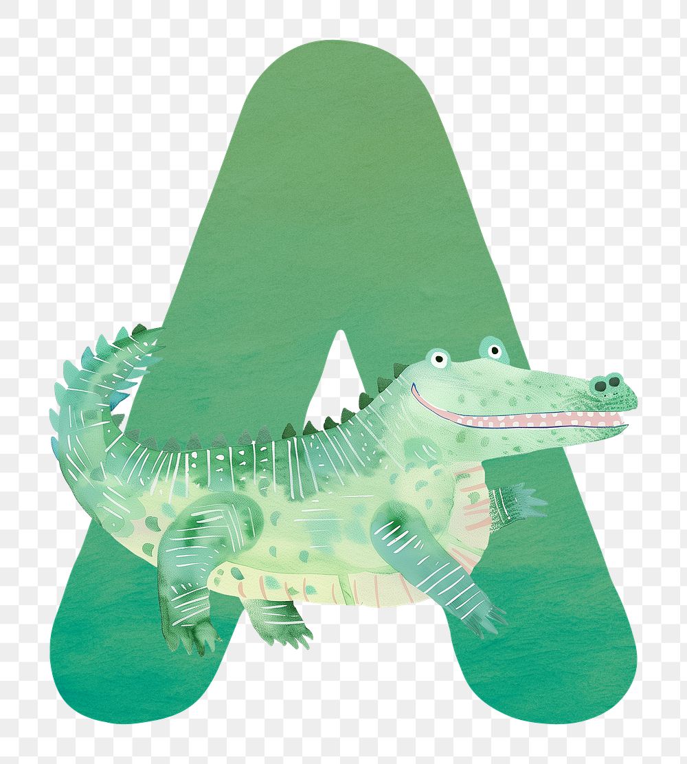 PNG green letter A with animal character, transparent background