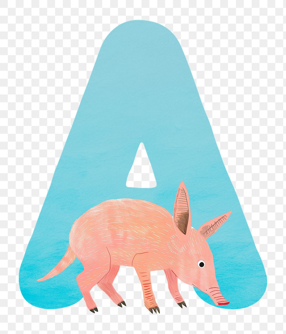 PNG blue letter A with animal character, transparent background