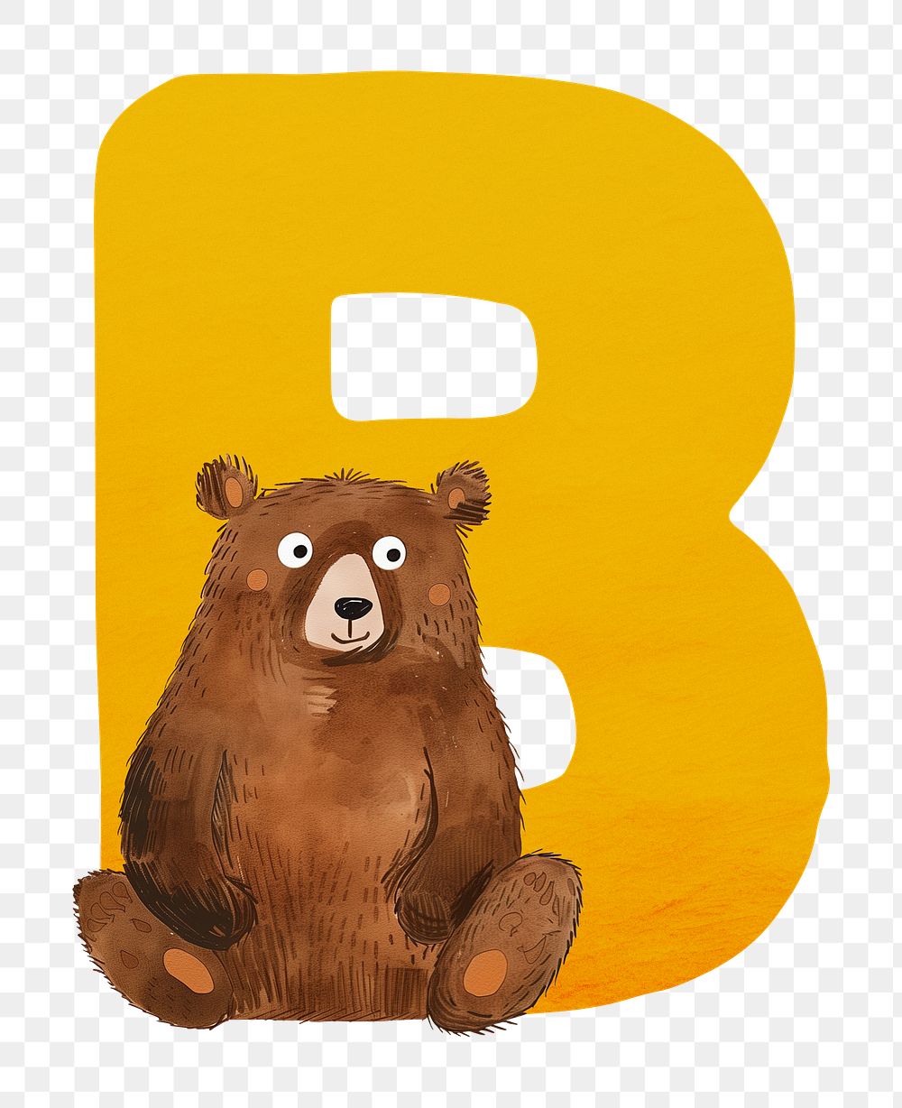 PNG yellow letter B with animal character, transparent background