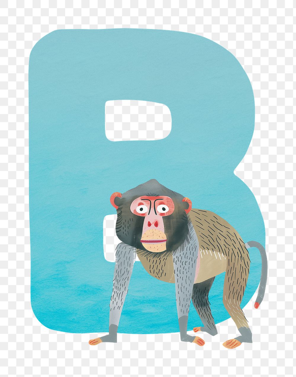 PNG blue letter B with animal character, transparent background