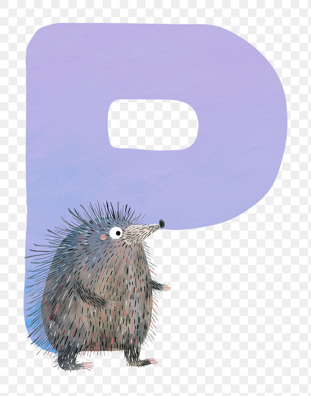 PNG purple letter P with animal character, transparent background