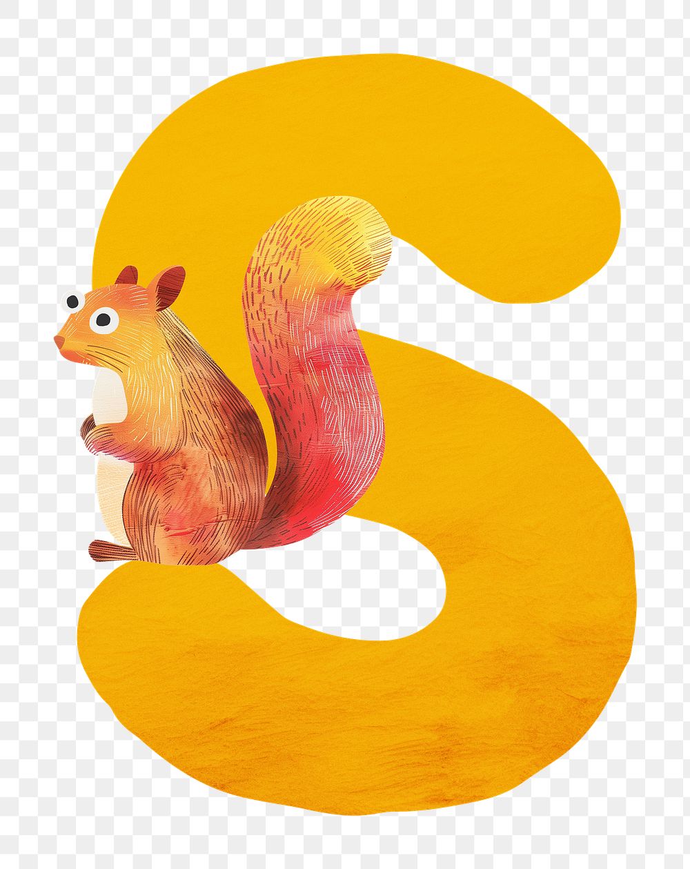 PNG yellow letter S with animal character, transparent background