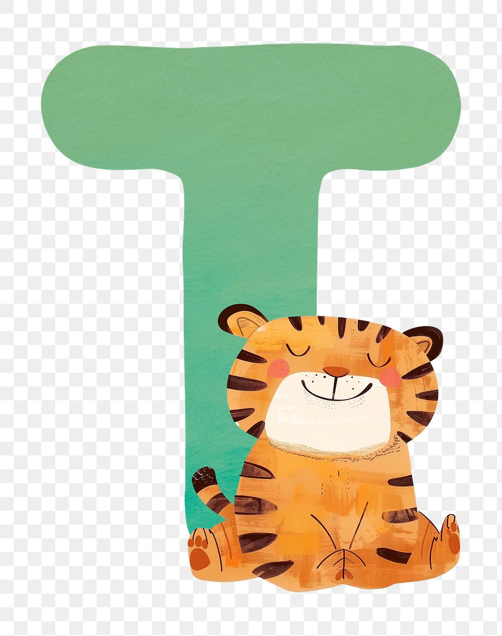 PNG green letter T with animal character, transparent background