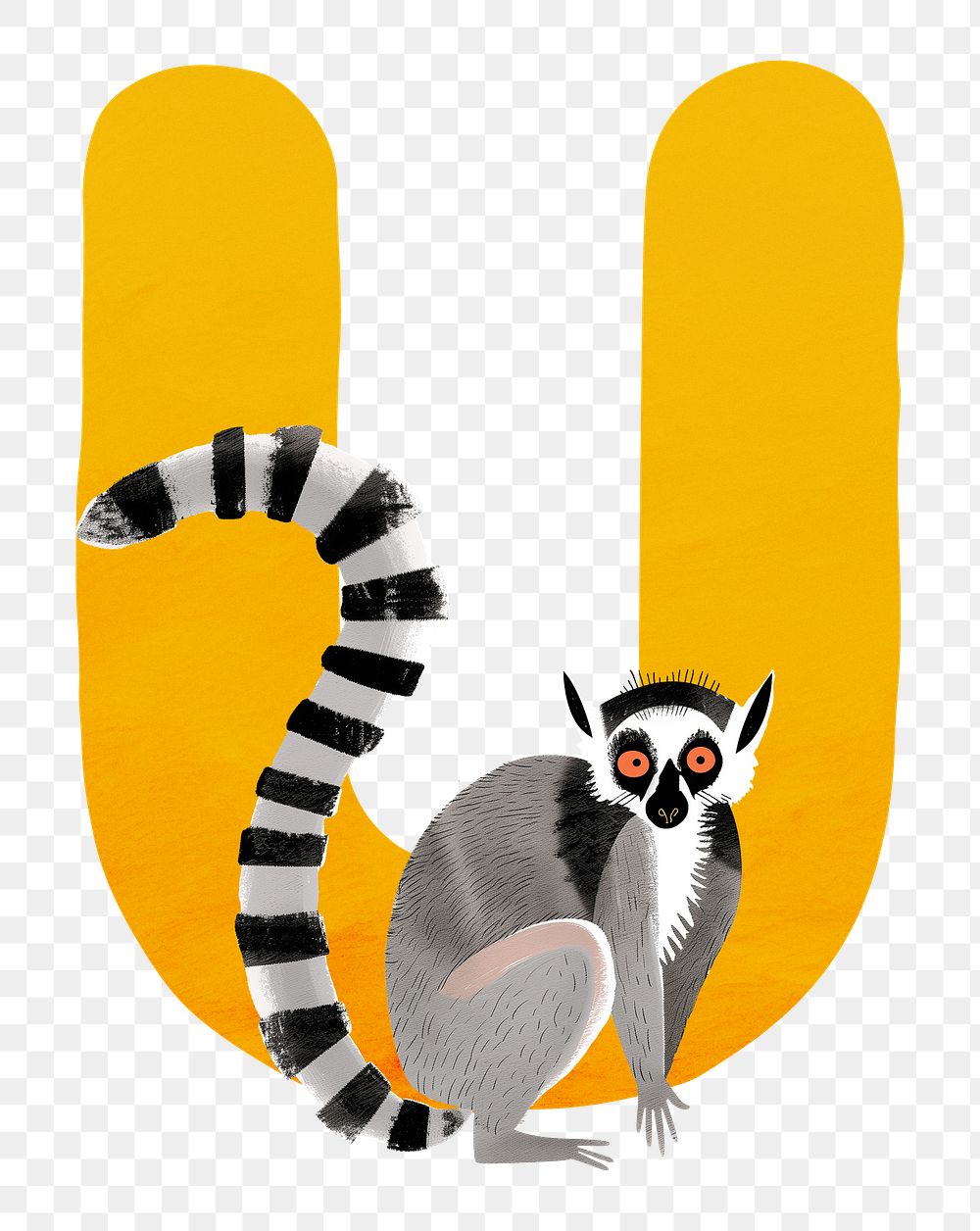 PNG yellow letter U with animal character, transparent background