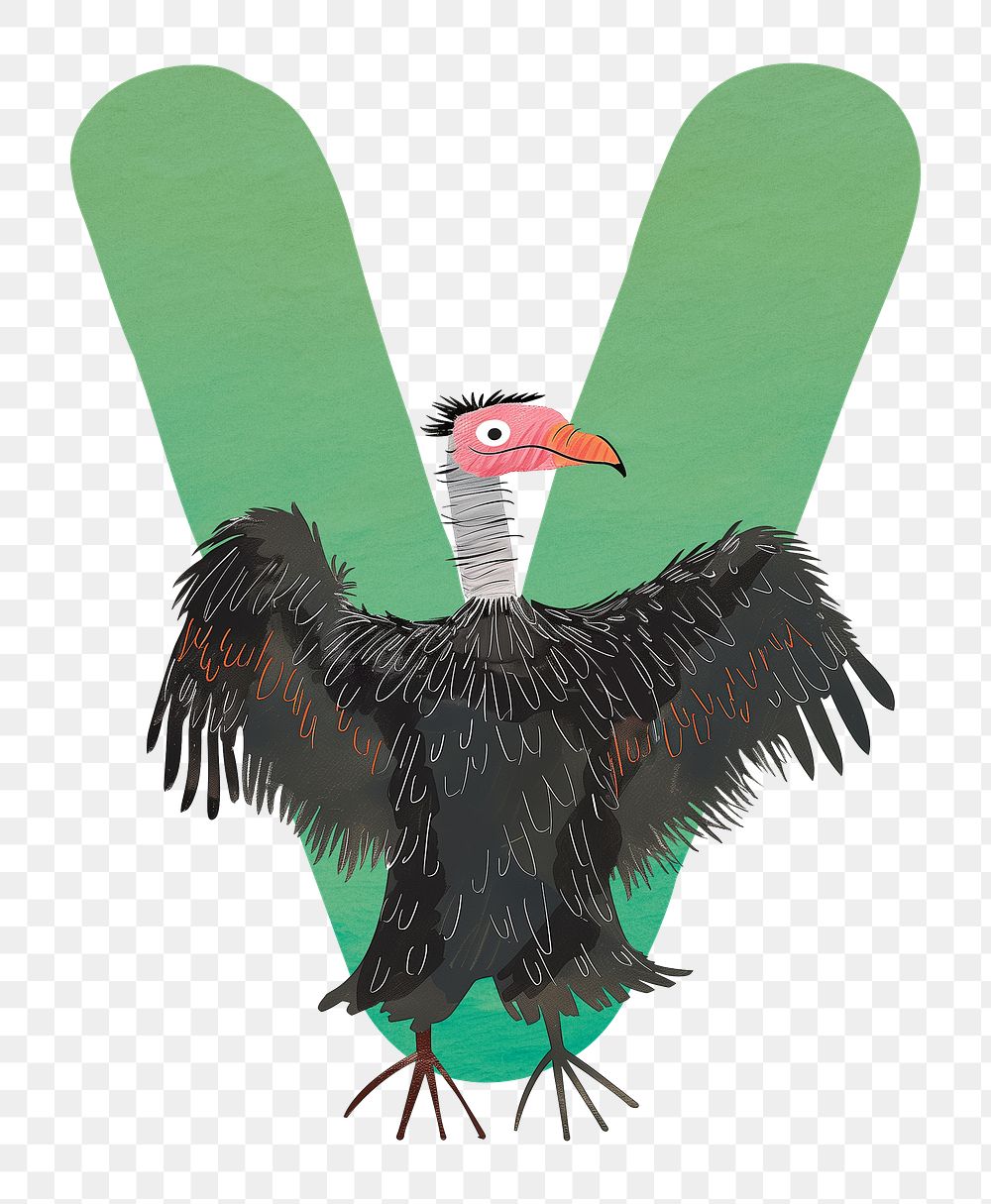 PNG green letter V with animal character, transparent background