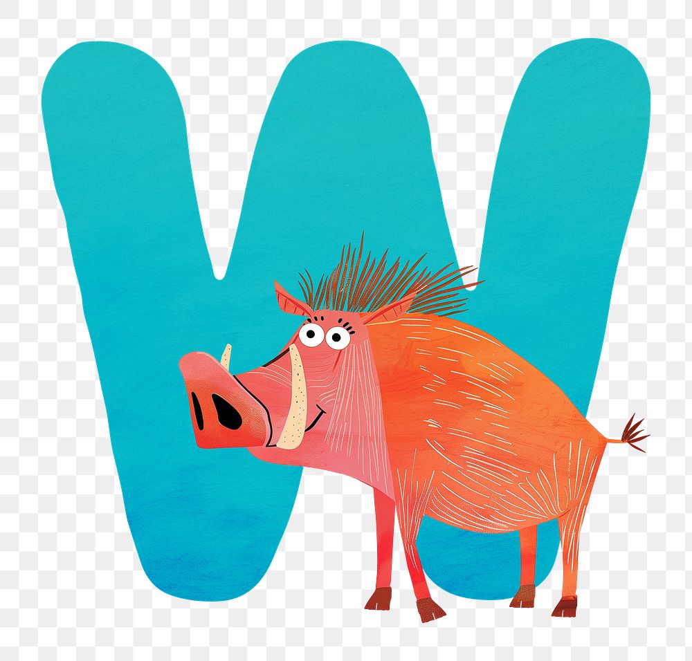 PNG blue letter W with animal character, transparent background