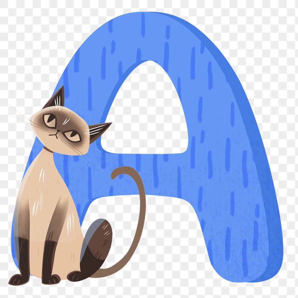 Letter A png in blue with cat character, transparent background