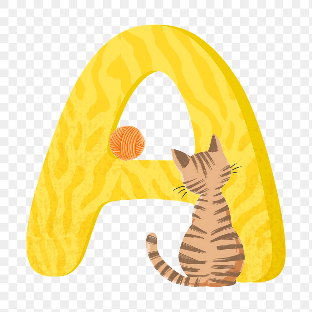 Letter A png in yellow with cat character, transparent background