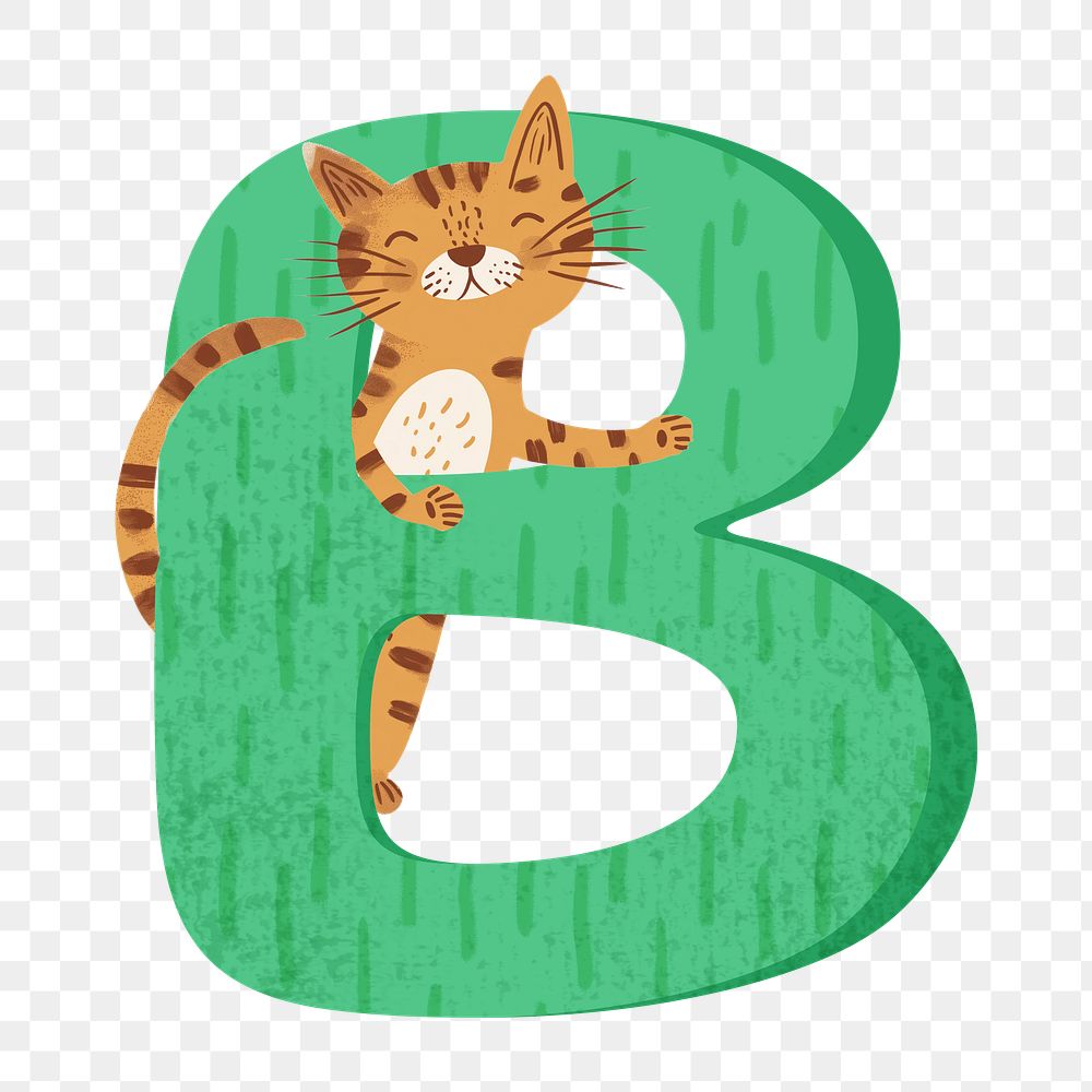 Letter B png in green with cat character, transparent background