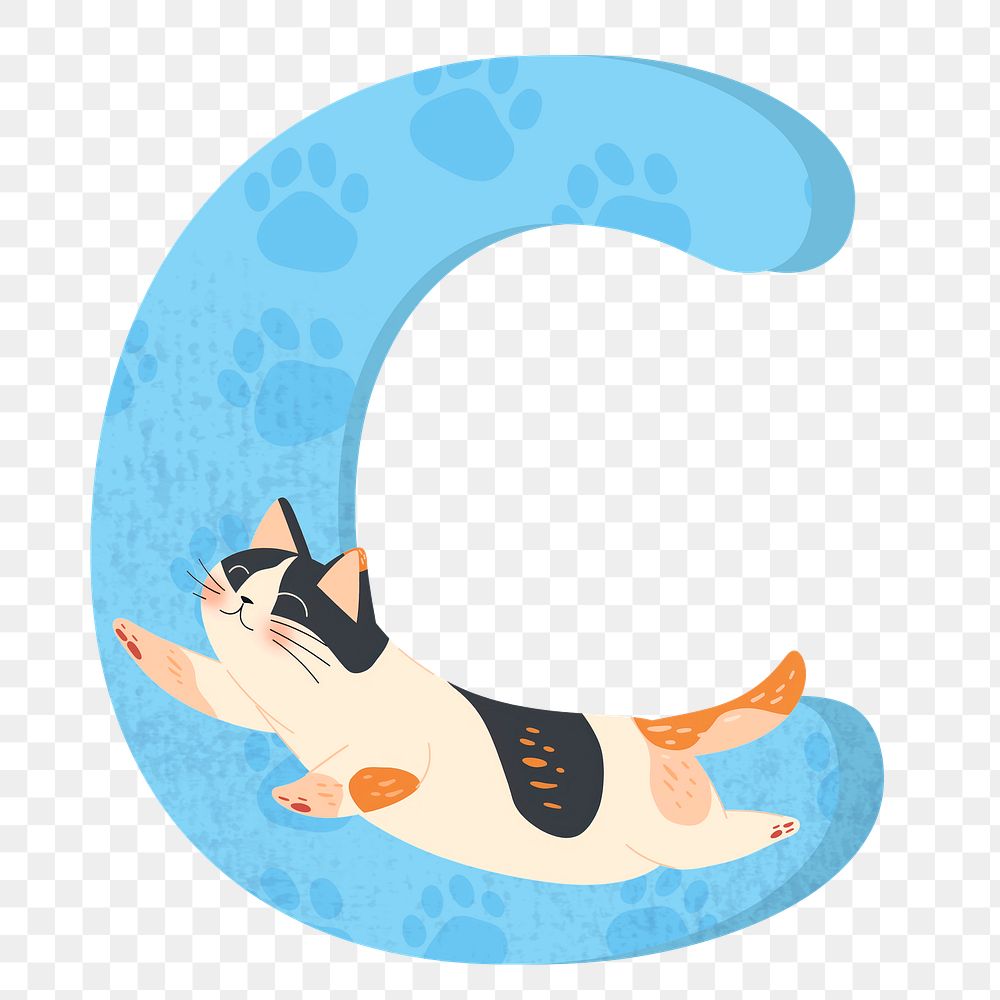 Letter C png in blue with cat character, transparent background