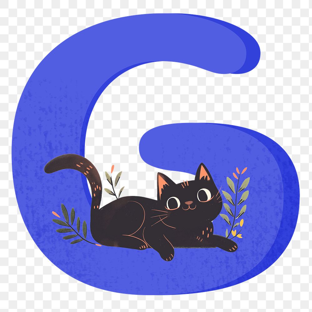 Letter G png in blue with cat character, transparent background
