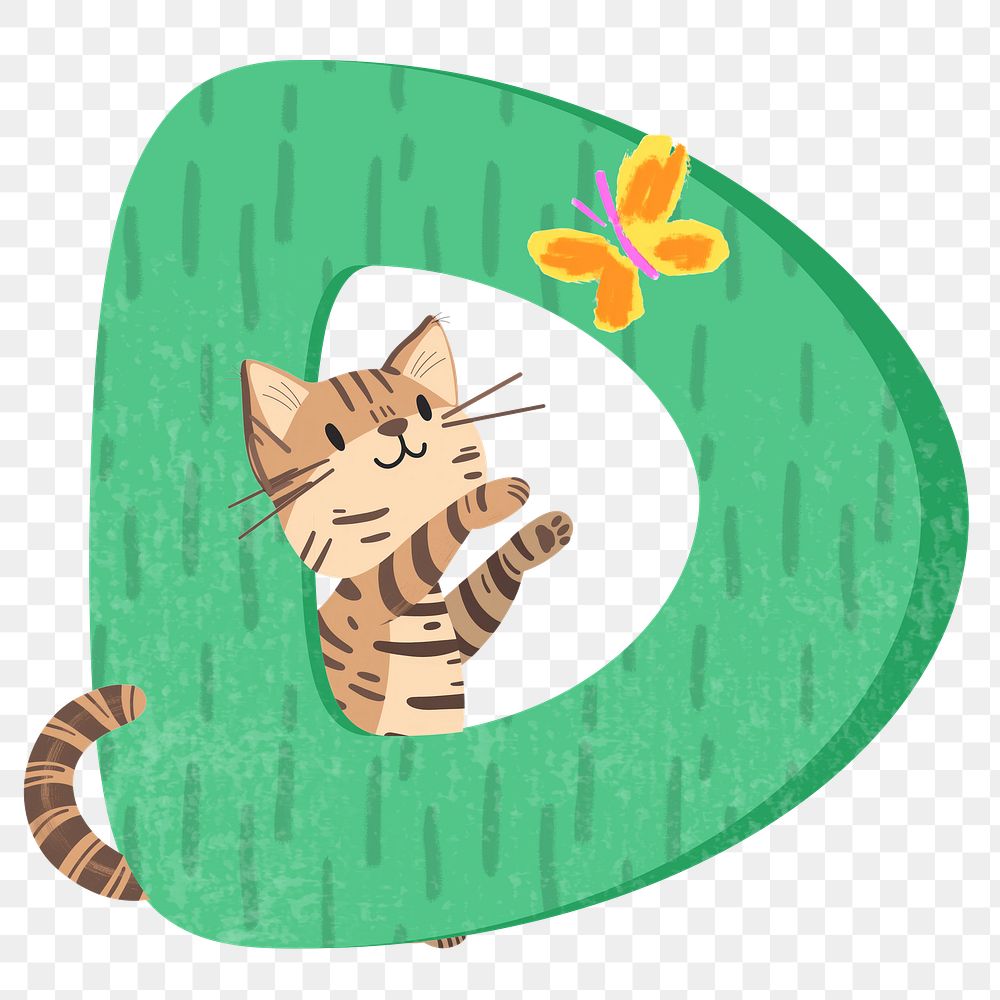 Letter D png in green with cat character, transparent background