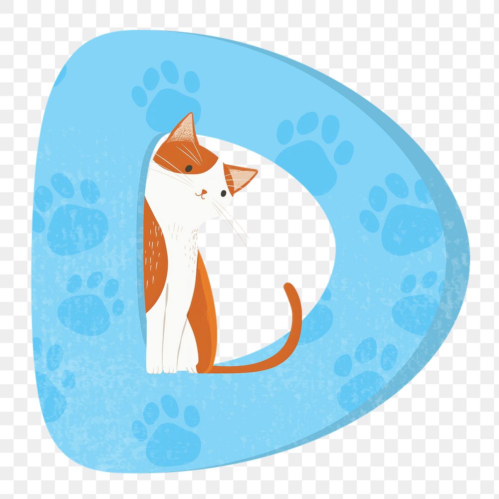 Letter D png in blue with cat character, transparent background
