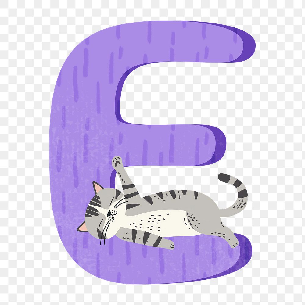 Letter E png in purple with cat character, transparent background