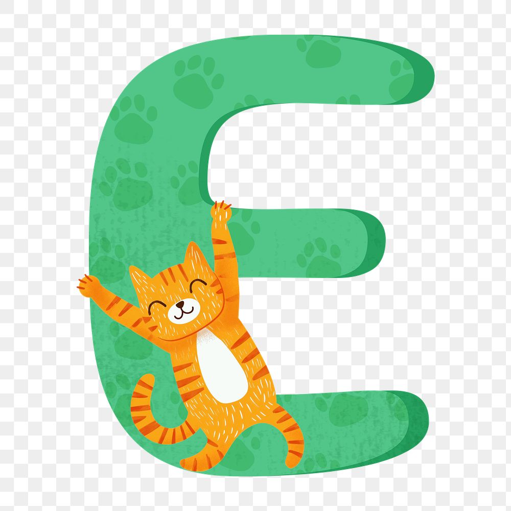 Letter E png in green with cat character, transparent background
