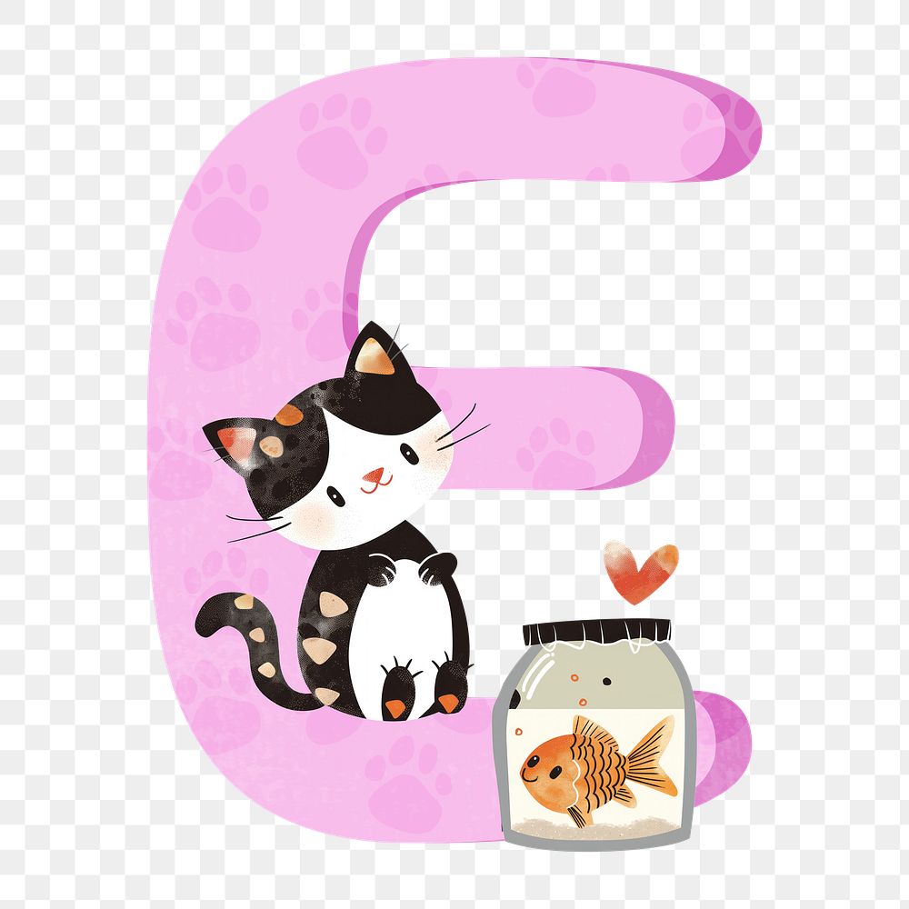 Letter E png in pink with cat character, transparent background