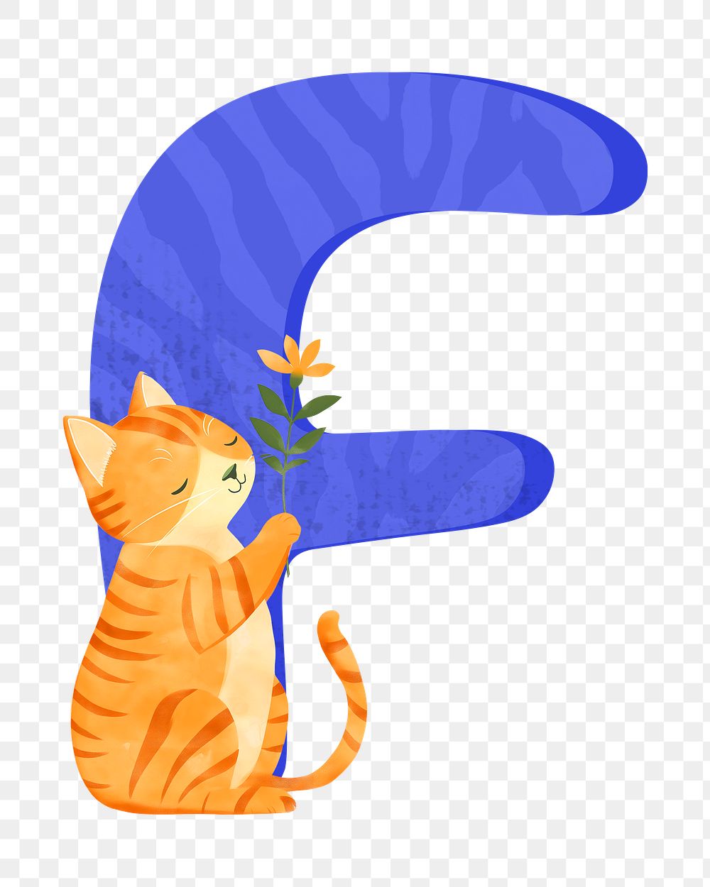 Letter F png in blue with cat character, transparent background