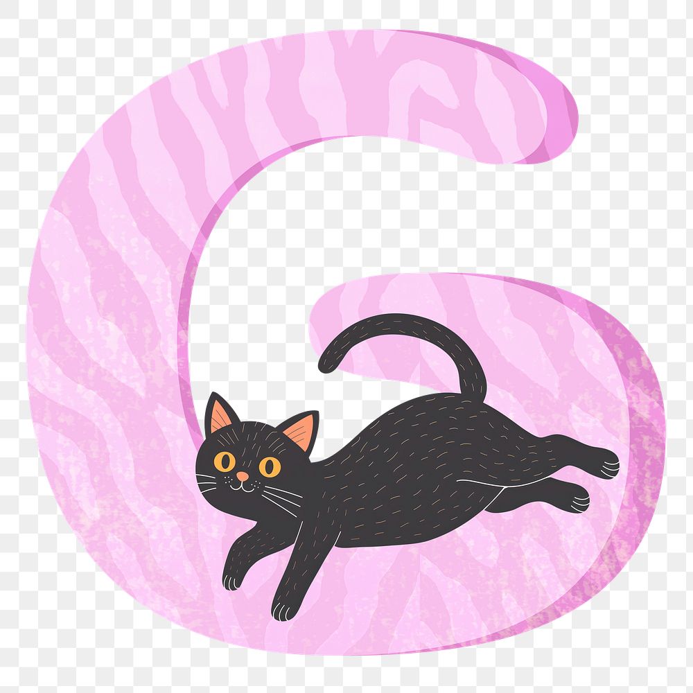 Letter G png in pink with cat character, transparent background