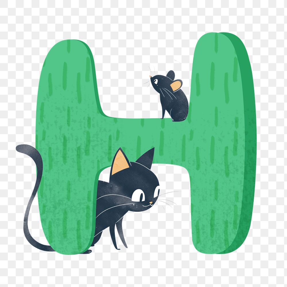Letter H png in green with cat character, transparent background